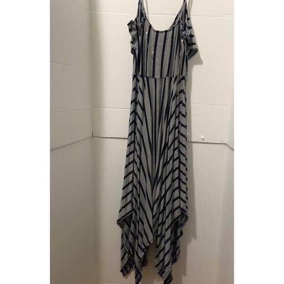 Alya Navy White Striped Maxi Dress M Handkerchief Hem Tie Front Spaghetti Strap - Picture 9 of 10